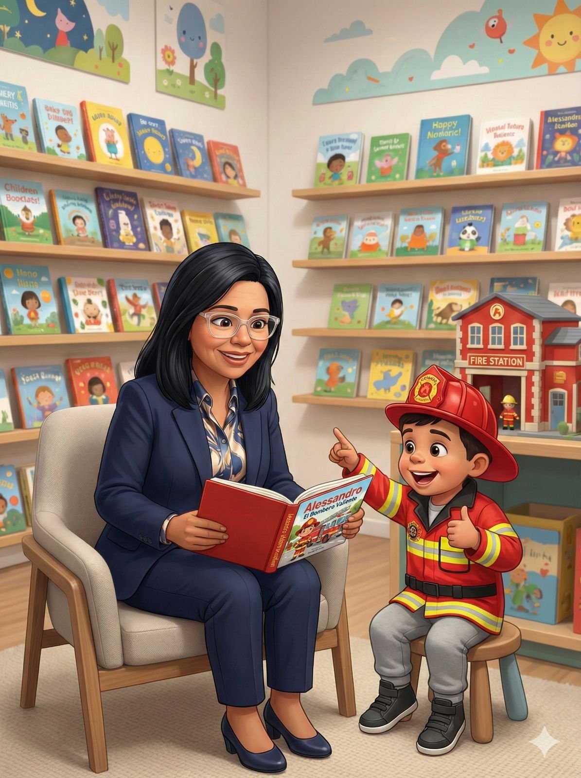 Retrato ilustrado de Zhabell leyendo con un niño